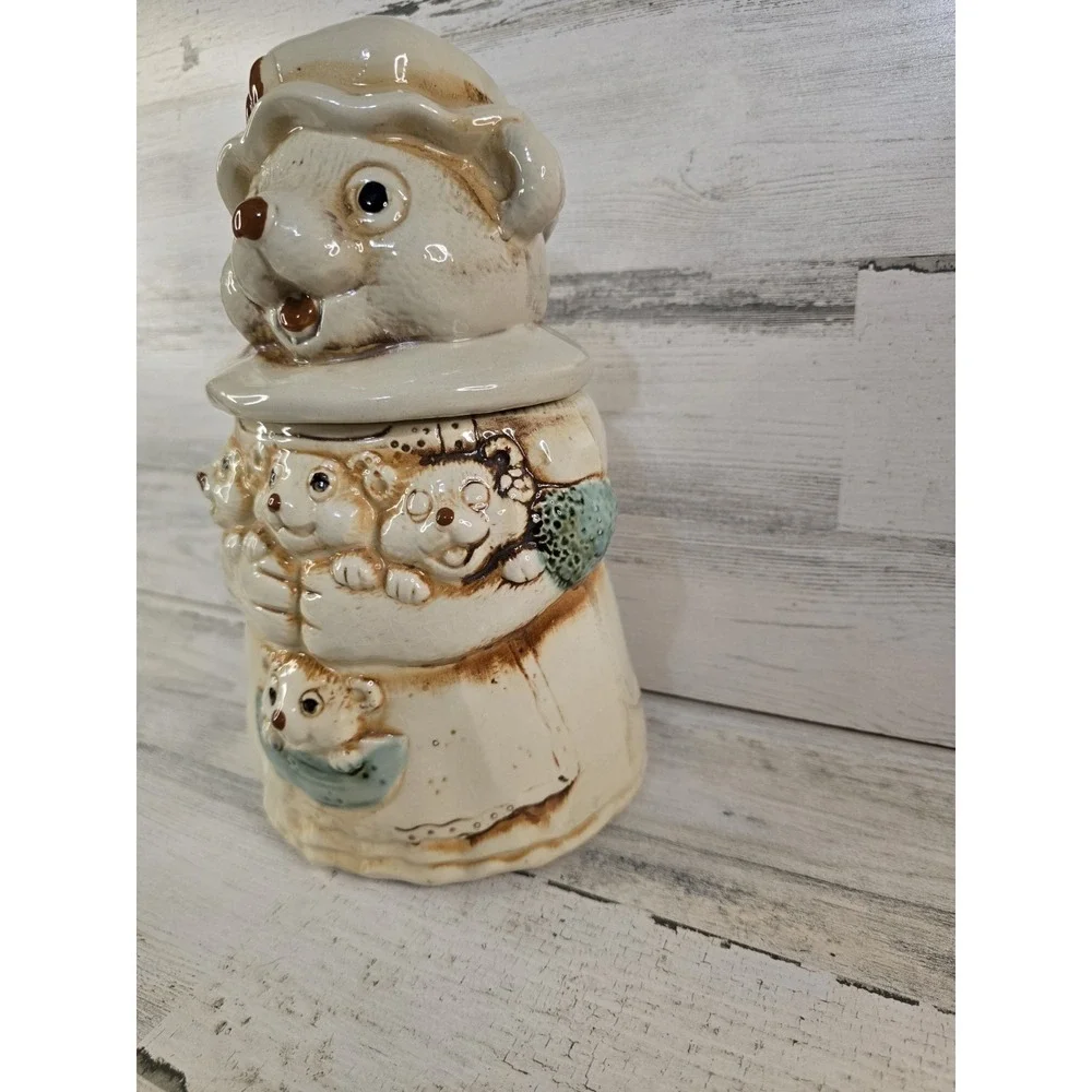 Vintage Ceramic Mother Bear and Cubs Cookie Jar Cream Brown Cottagecore 11.5in